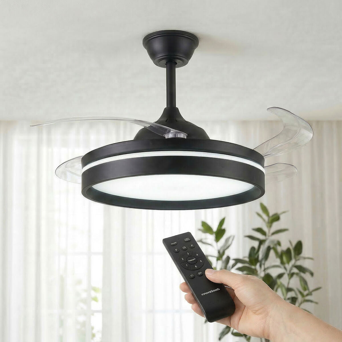 Ceiling Fan with LED Light, 4 Retractable Blades and Remote Control