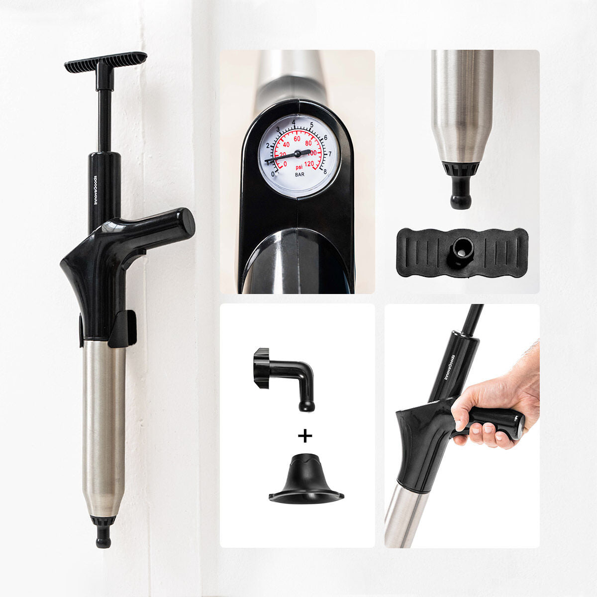 High-Pressure Compressed Air Plunger with Accessories and 5-in-1 Pressure Gauge Jetpro